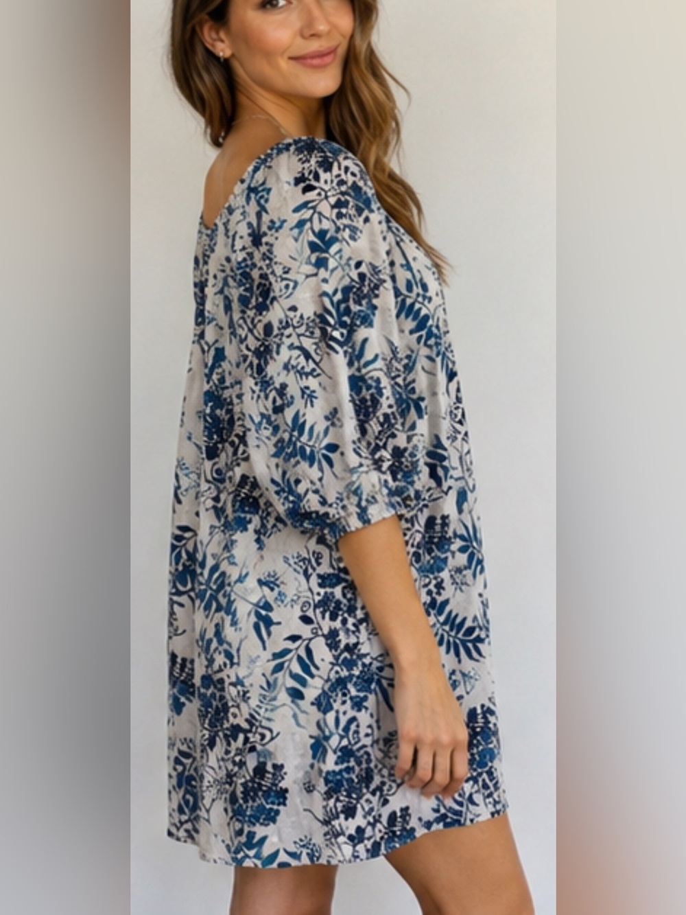 Valentina Naldi Italy Linen Blend Floral Tunic Dress Blue White Size L